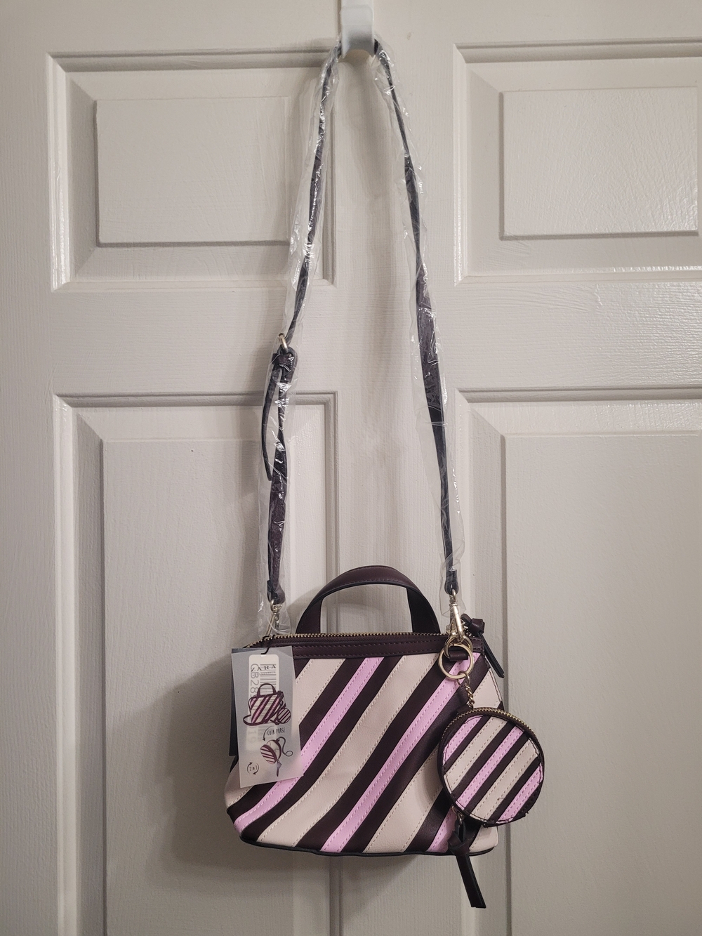 NWT Zara Striped Crossbody Bag with Coin Pouch - Pink, Tan & Brown